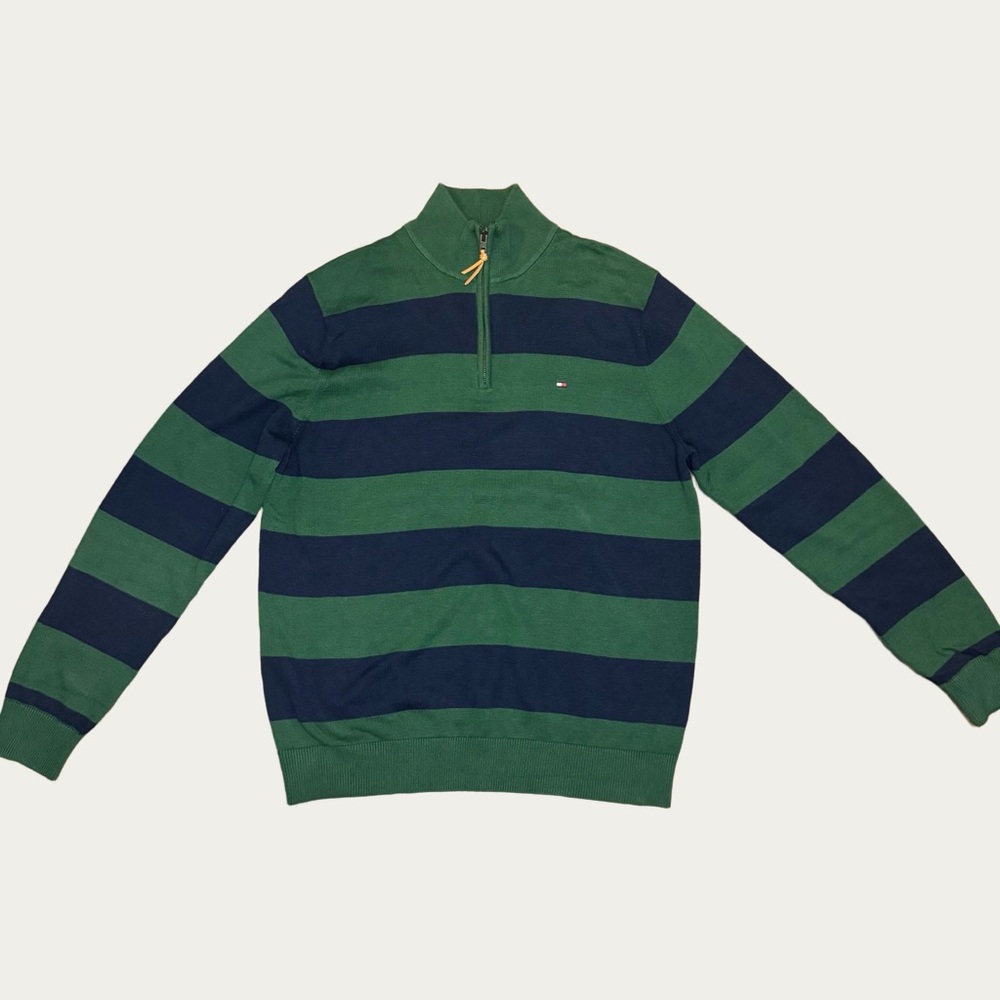 Tommy Hilfiger Green and Navy Quarter Zip-Up Sweater